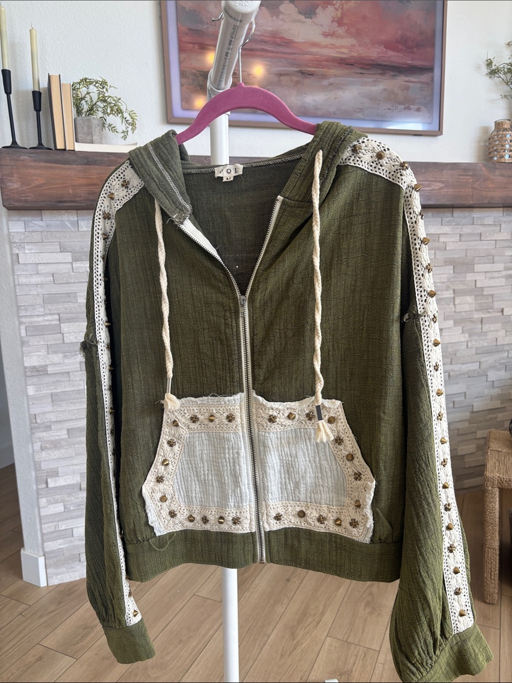 POL Olive Green Hooded Zip Jacket with Cream Crochet Accents